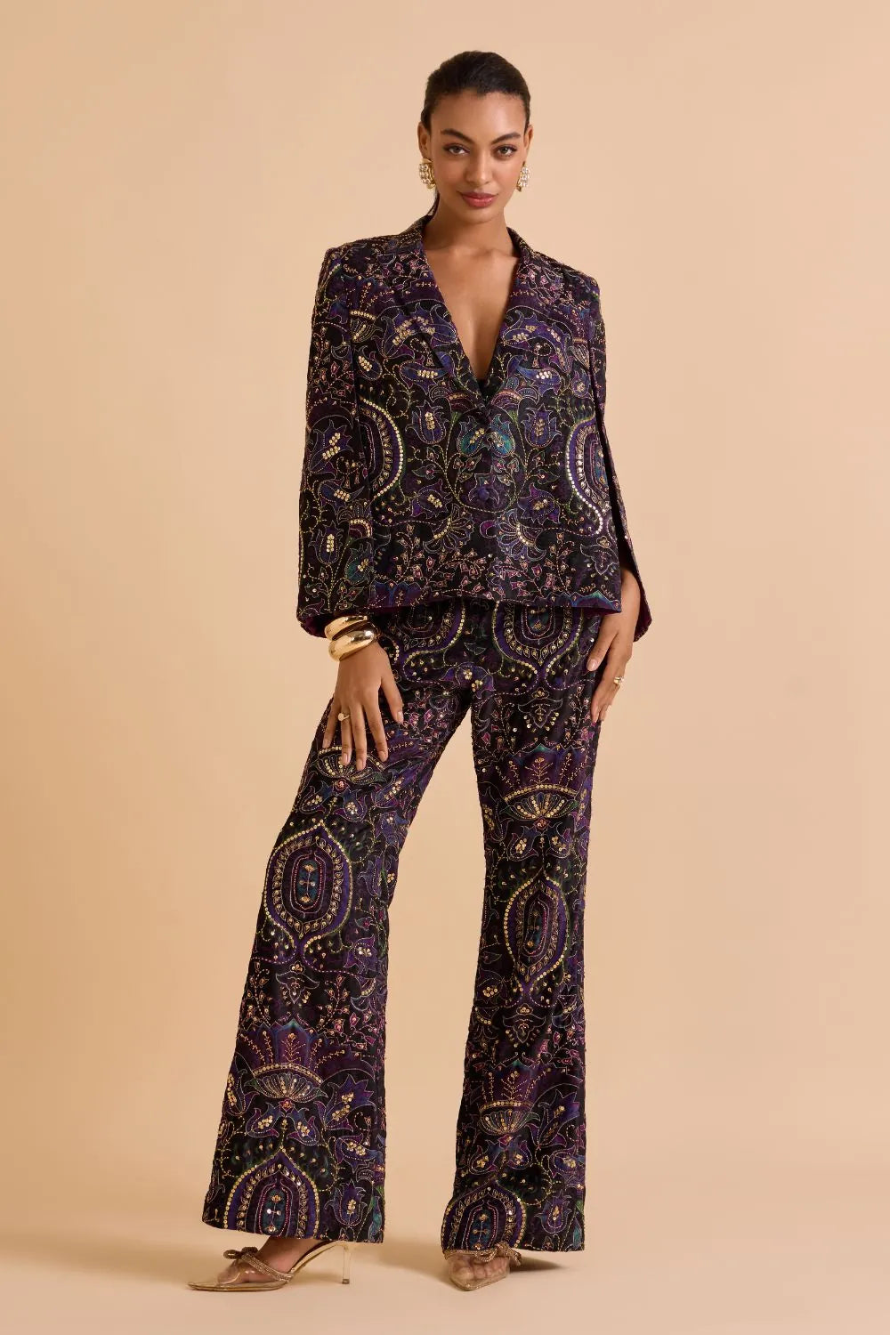Aarohi Jacket with Pants in purple velvet featuring intricate thread and sequin detailing, perfect for women's party wear, festive celebrations and evening occasions.