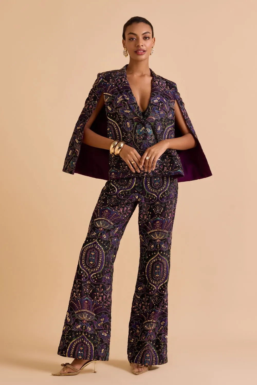 Aarohi Jacket with Pants in purple velvet featuring intricate thread and sequin detailing, perfect for women's party wear, festive celebrations and evening occasions.