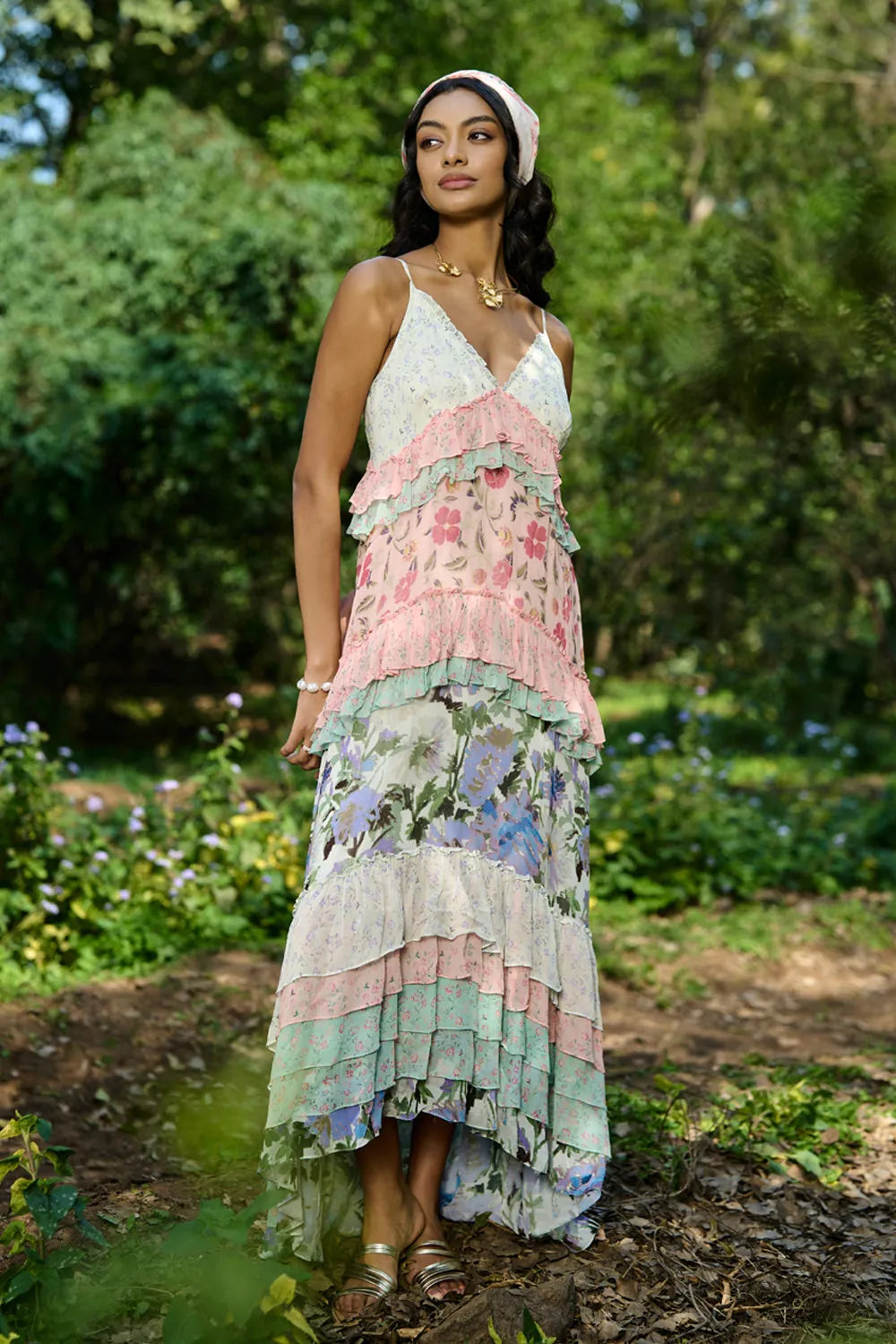 Alva Dress multi-printed georgette maxi perfect for a date night or effortless day-to-night wear.