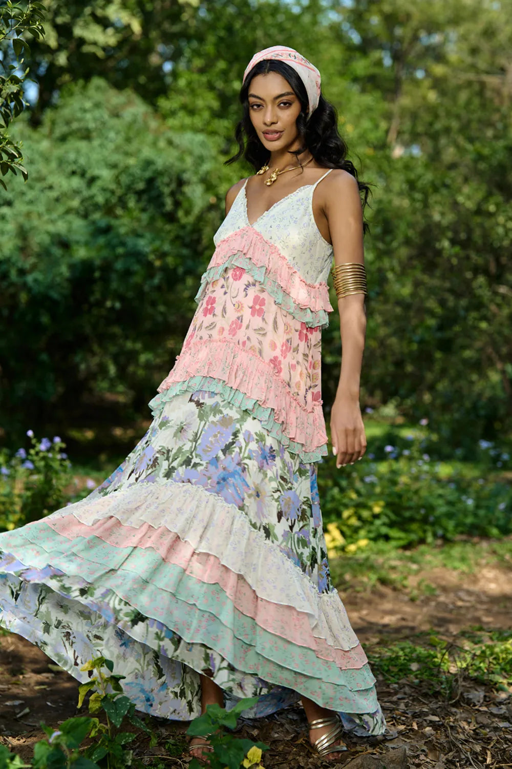 Alva Dress multi-printed georgette maxi perfect for a date night or effortless day-to-night wear.