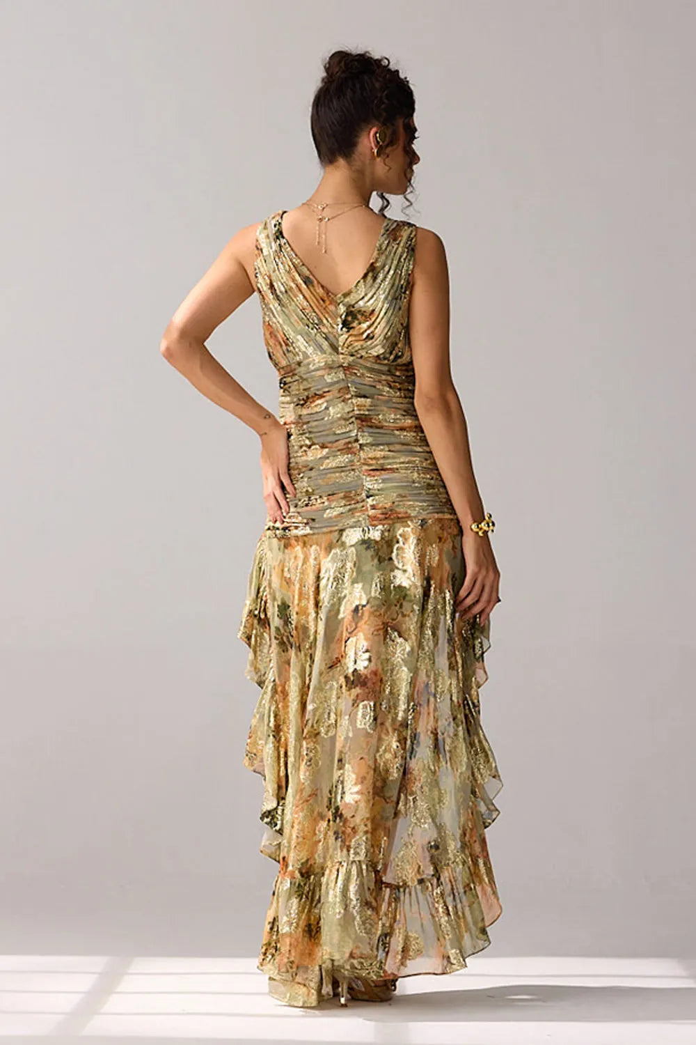 Bak view of Anaisha Dress, a multiprinted dress in viscose lurex georgette, perfect for parties, occasions, and elevated styling for woman.