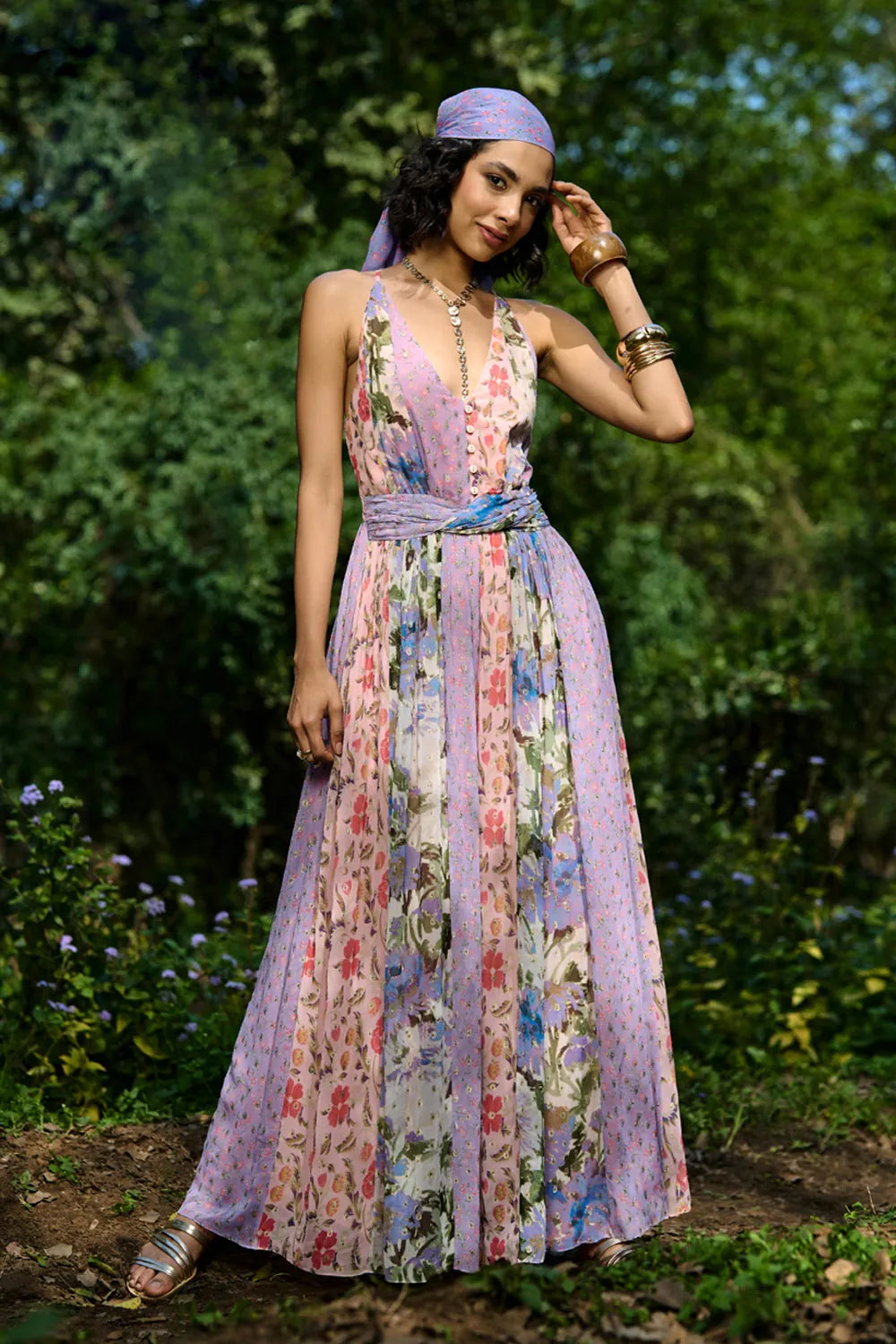 Carey Jumpsuit Women's multicolour Viscose Lurex Georgette jumpsuit featuring a romantic pink and mauve multi-printed jacquard design with a flattering flowing silhouette, styled for date nights, summer evenings, festive gatherings and day-to-night occasions.