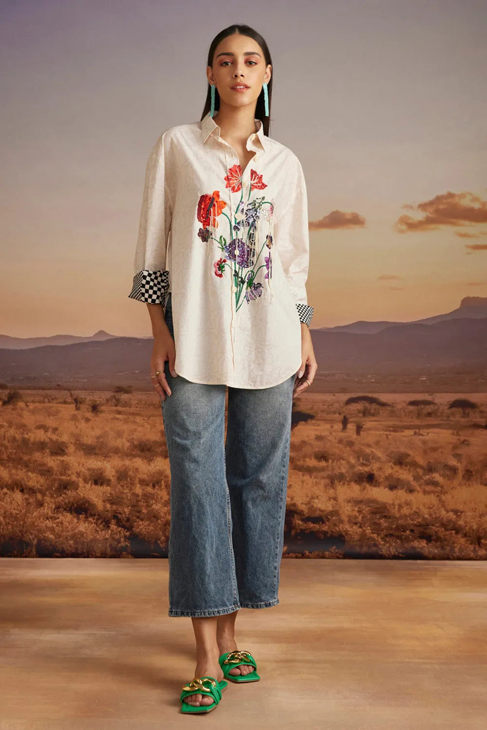 Chiara Shirt women's beige cotton poplin shirt with a relaxed free-size silhouette and intricate thread and bead detailing, styled for summer outings, brunches, festive daytime gatherings and elevated casual occasions.