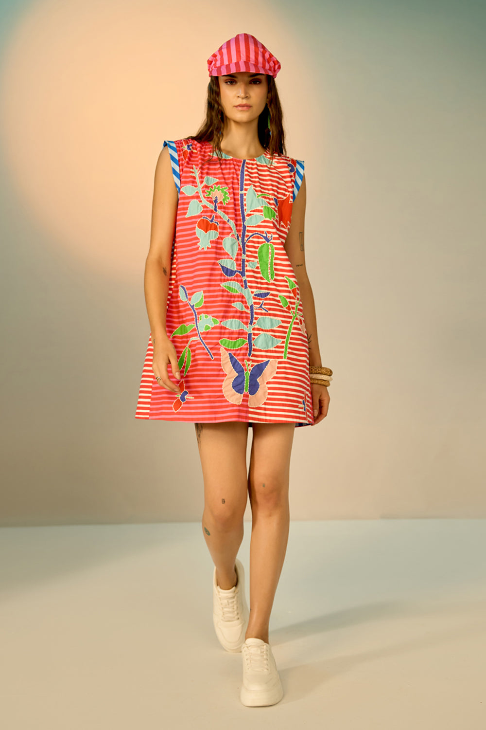 Cove Embroidered Shift Dress women's multicolour cotton shift dress featuring colour-blocked stripes, delicate floral appliqué embroidery, a relaxed silhouette and functional side pockets, styled for beach holidays, resort vacations, summer outings and casual daytime wear.