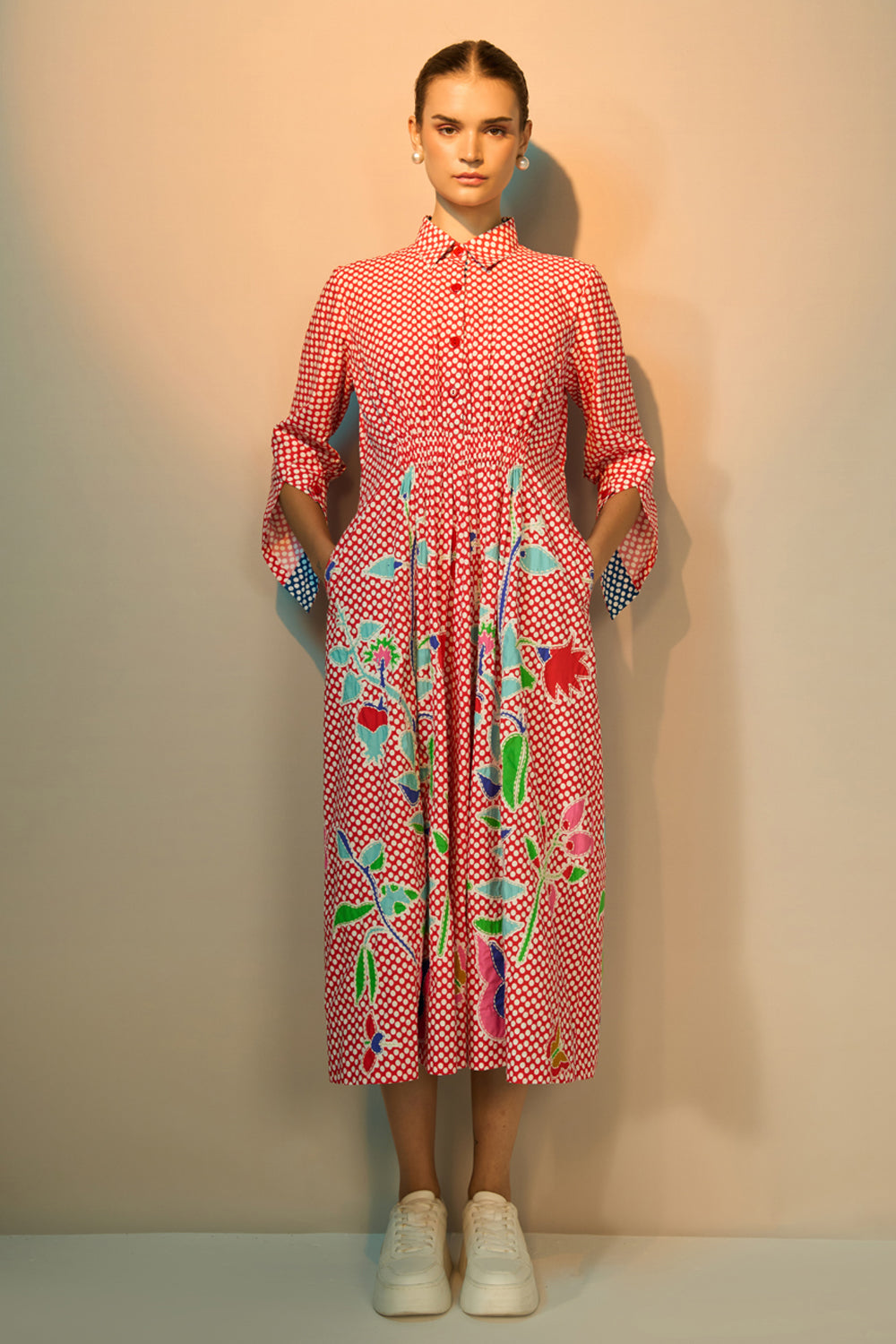 Daria Embroidered Maxi Dress women's maxi dress featuring classic polka dots, vibrant embroidered detailing and a structured shirt-style silhouette, styled for vacation brunches, creative daytime events, summer outings and statement everyday fashion.