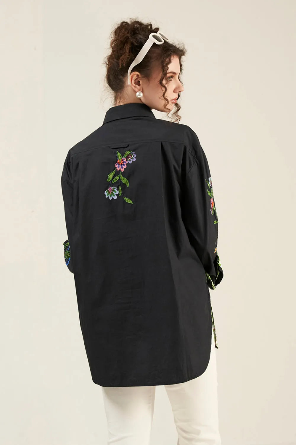 Back view of Darsy Shirt women's printed shirt featuring a stylish contemporary design and versatile silhouette, styled for casual outings, summer holidays, relaxed brunches and everyday resort wear.