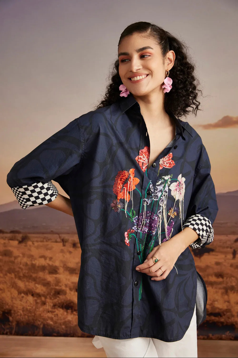 Closeup look of Elsie Shirt women's bluish-black cotton poplin shirt featuring a relaxed free-size silhouette, clean tailoring and a versatile contemporary design, styled for casual outings, smart-casual occasions, summer holidays and everyday wear.
