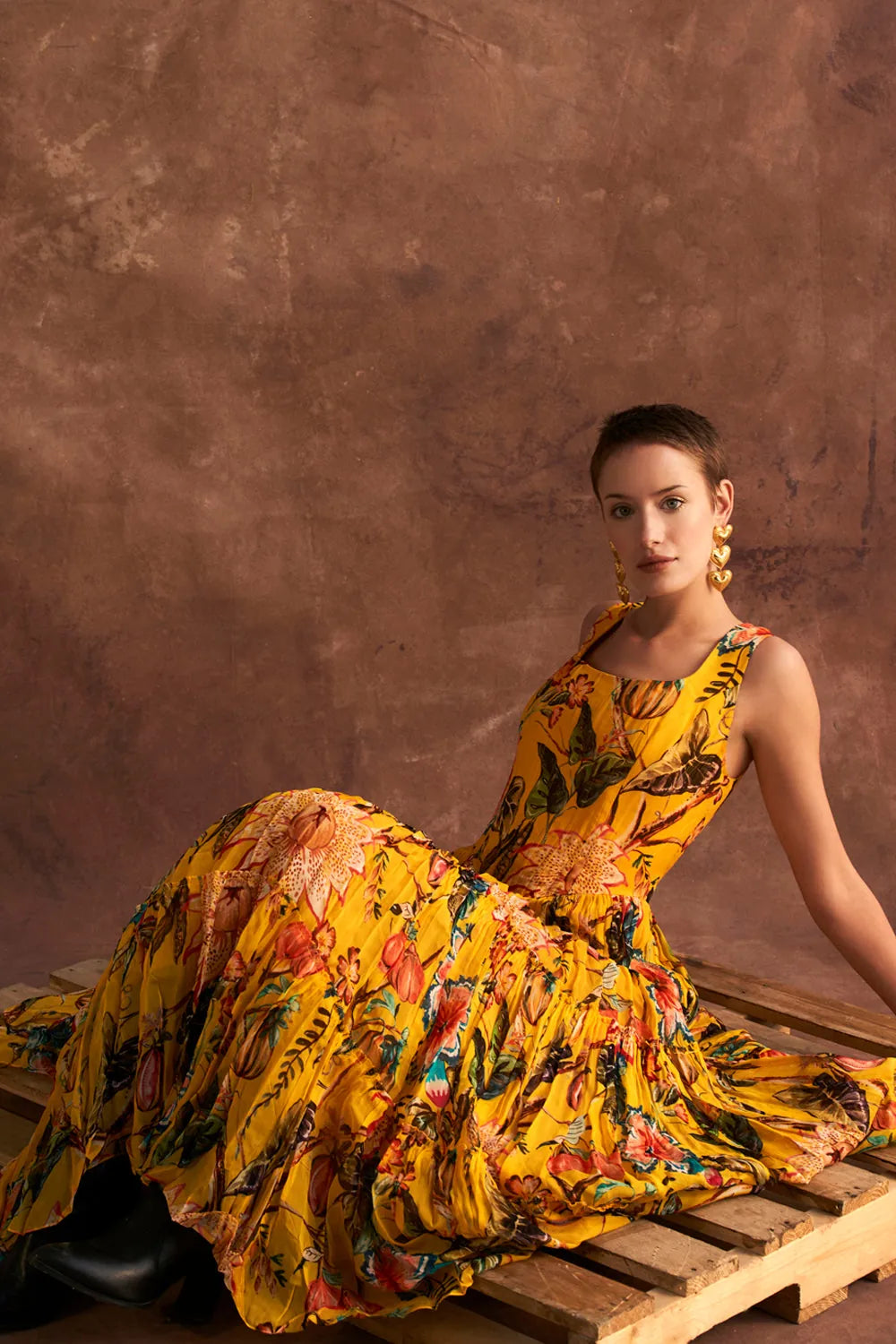 Eona Dress women's yellow organza midi dress featuring a vibrant multicolour print, romantic tiered skirt and airy flowing silhouette, styled for summer brunches, garden parties, resort holidays and festive daytime celebrations.