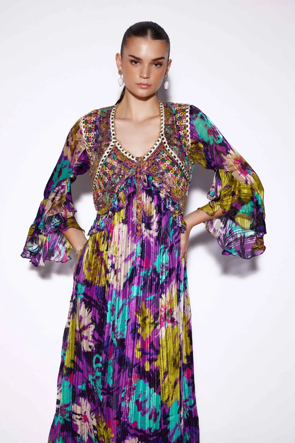 Closeup look of Flavia Kaftan women's kaftan featuring a relaxed, flowing silhouette and statement resortwear design, styled for beach holidays, tropical getaways, poolside lounging and elegant summer occasions.