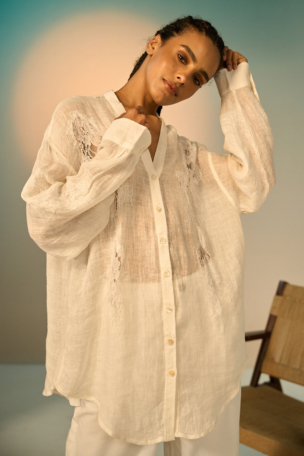 Florida Linen Shirt women's ivory linen shirt featuring delicate lace inserts across the collar, bodice and sleeves, wide billowing sleeves, a button-down front and a relaxed sheer silhouette, styled for beach holidays, summer brunches, resort vacations and effortless warm-weather dressing.