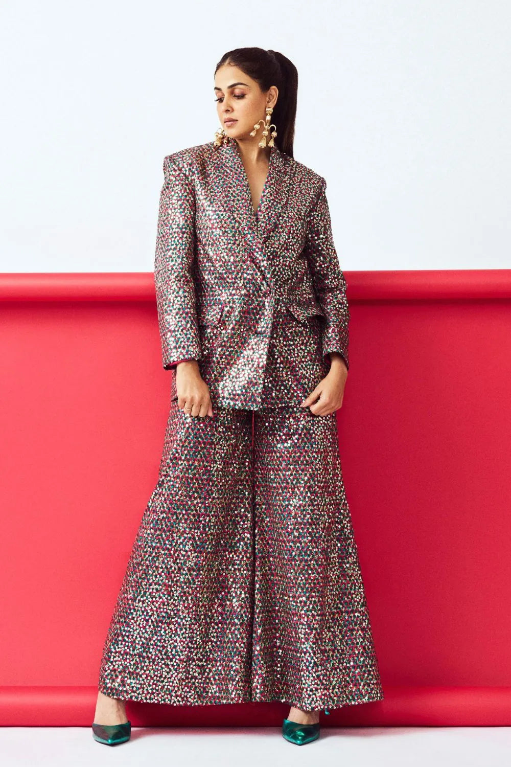 Genelia Deshmukh in Nancy Jacket and Pants Set, a women's pink cotton poplin co-ord featuring a structured long jacket embellished with sparkling sequins and matching tailored pants, styled for cocktail parties, festive celebrations, evening events and glamorous special occasions.