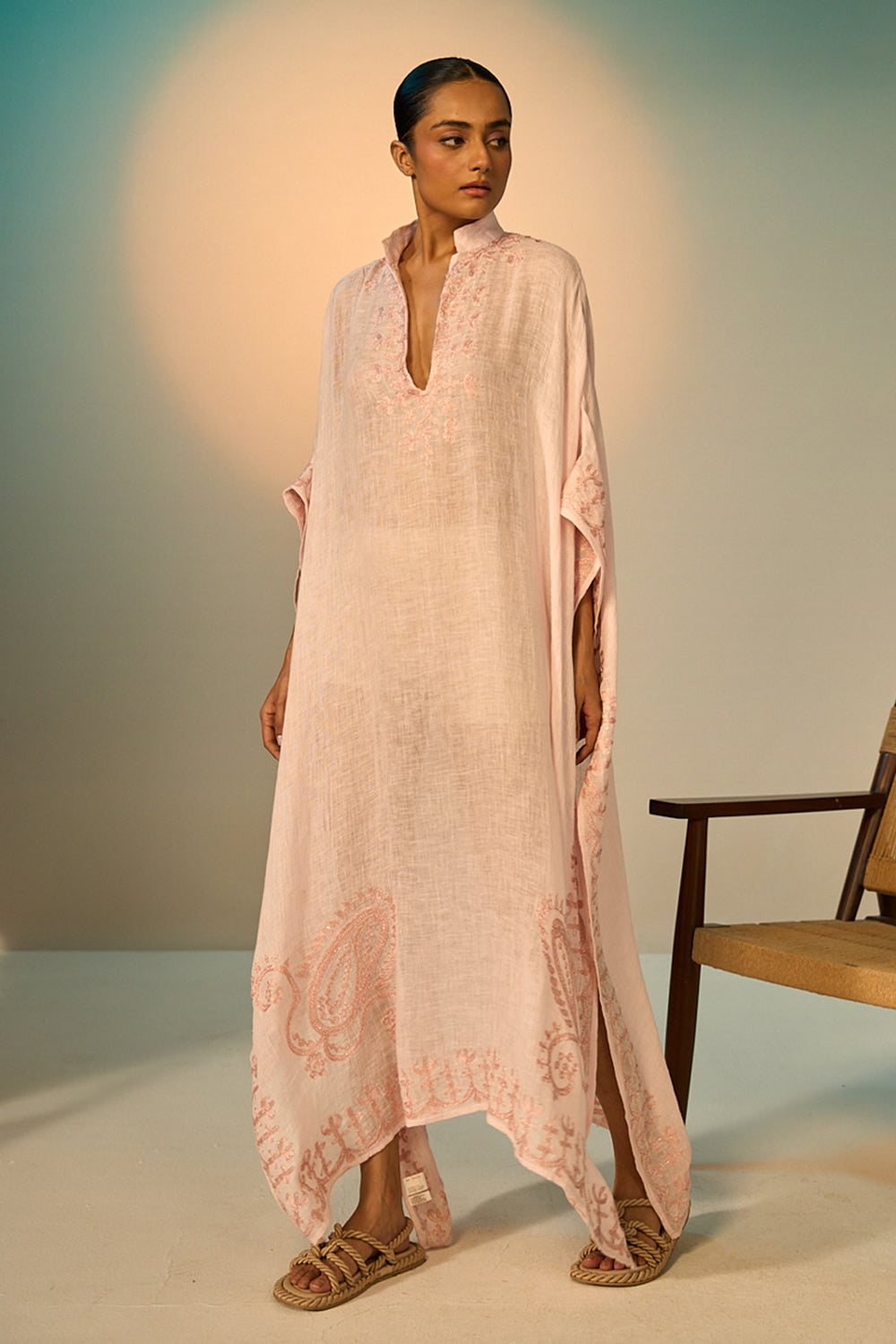 Ibiza Linen Coverup women's pink linen cover-up featuring intricate zari paisley embroidery along the neckline and sleeves, an open-front flowing silhouette and a separate detachable slip, designed for layering over swimwear during beach holidays, resort vacations and elegant summer getaways.