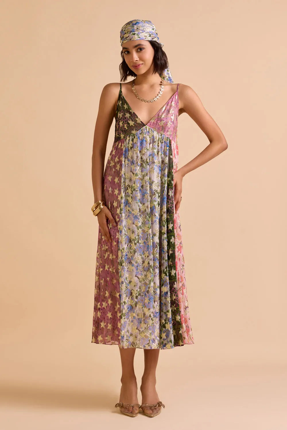 Full view of Irida Spaghetti Dress women's multicolour Viscose Lurex Georgette maxi dress featuring a jacquard printed colour-blocked design, delicate spaghetti straps and shimmering fabric with a flowing silhouette, styled for resort vacations, festive evenings, holiday getaways and special occasions.