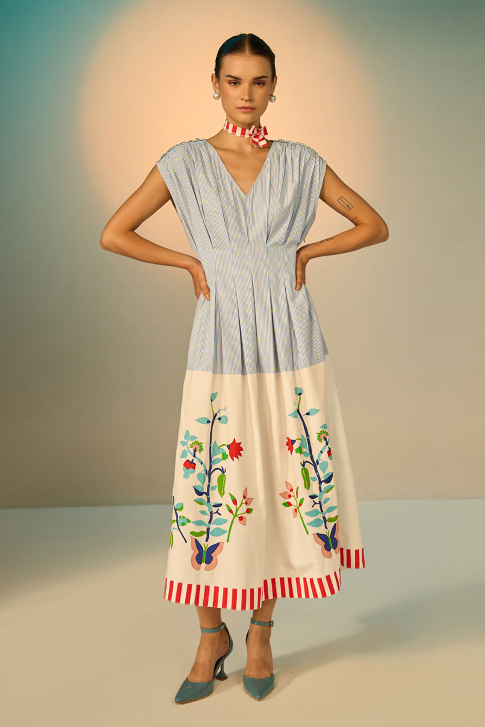 Joni Waisted Embroidered Midi Dress women's midi dress featuring a defined waist, flowing skirt and delicate floral embroidery, combining structured tailoring with an elegant feminine silhouette, styled for summer brunches, garden parties, resort evenings and elevated vacation wear.