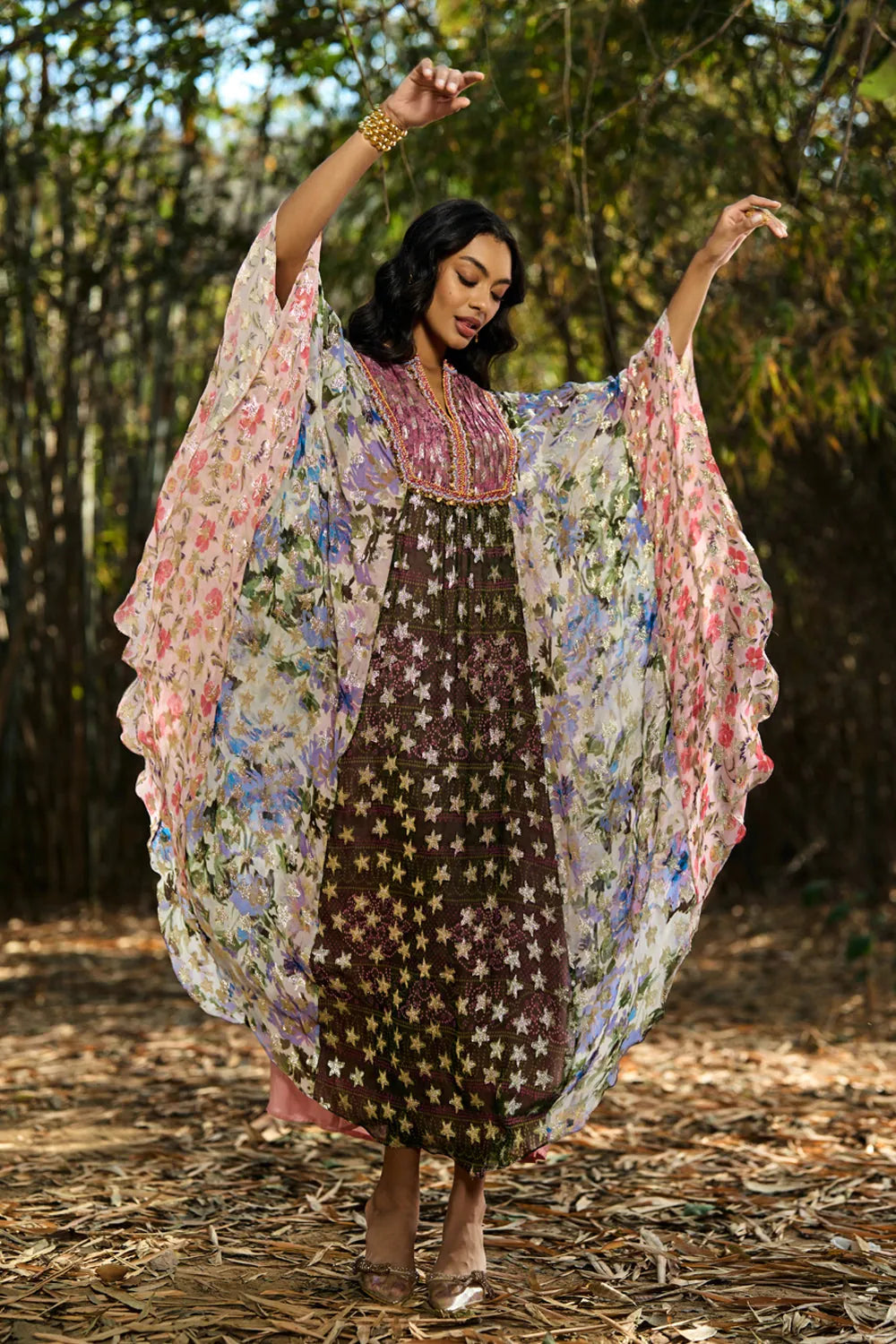Detailed full view of Karissa Kaftan women's embroidered kaftan featuring a flowing relaxed silhouette, intricate decorative embroidery and statement detailing, styled for beach holidays, resort vacations, poolside lounging and elegant summer getaways.