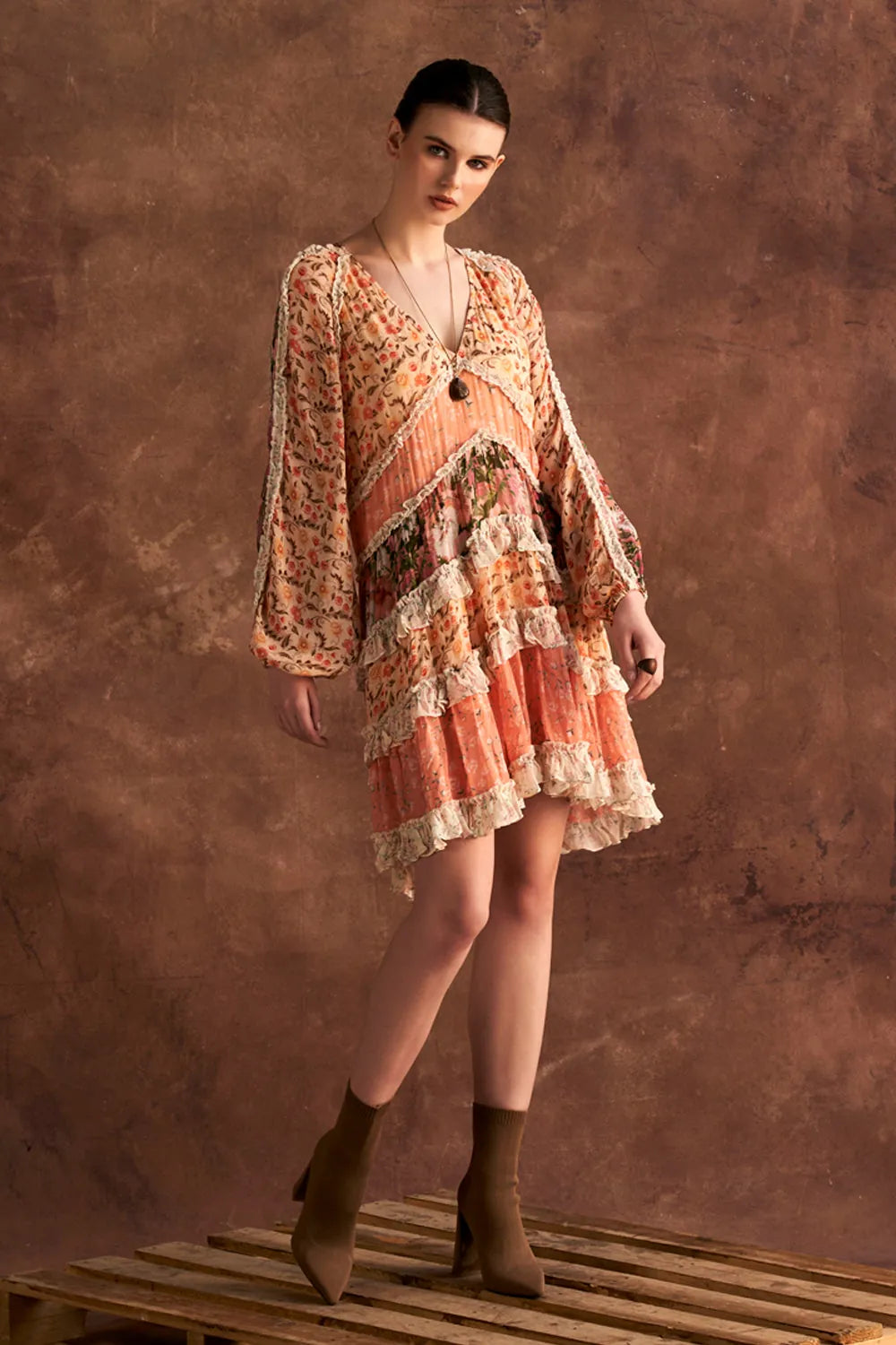 Kira Dress women's multicolour Viscose Georgette mini dress featuring an eye-catching mixed print and a fluid, contemporary silhouette, styled for summer brunches, resort vacations, holiday outings and day-to-evening occasions.