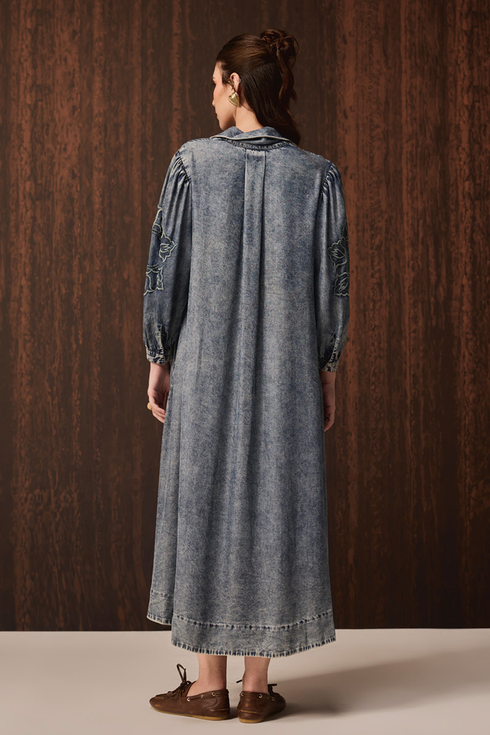Back view of Lahi Embroidered Dress women's embroidered dress featuring intricate decorative craftsmanship and a feminine silhouette, styled for summer celebrations, resort outings, brunches and special occasions.