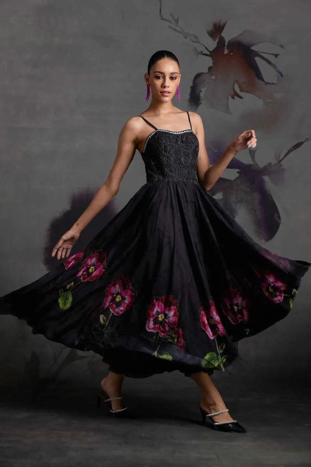 Marlena Corset Dress women's black organza maxi dress featuring a structured corset bodice, floral print and delicate sequin embellishments, combining a fitted upper silhouette with an elegant floor-length design, styled for cocktail parties, formal celebrations, evening events and special occasions.