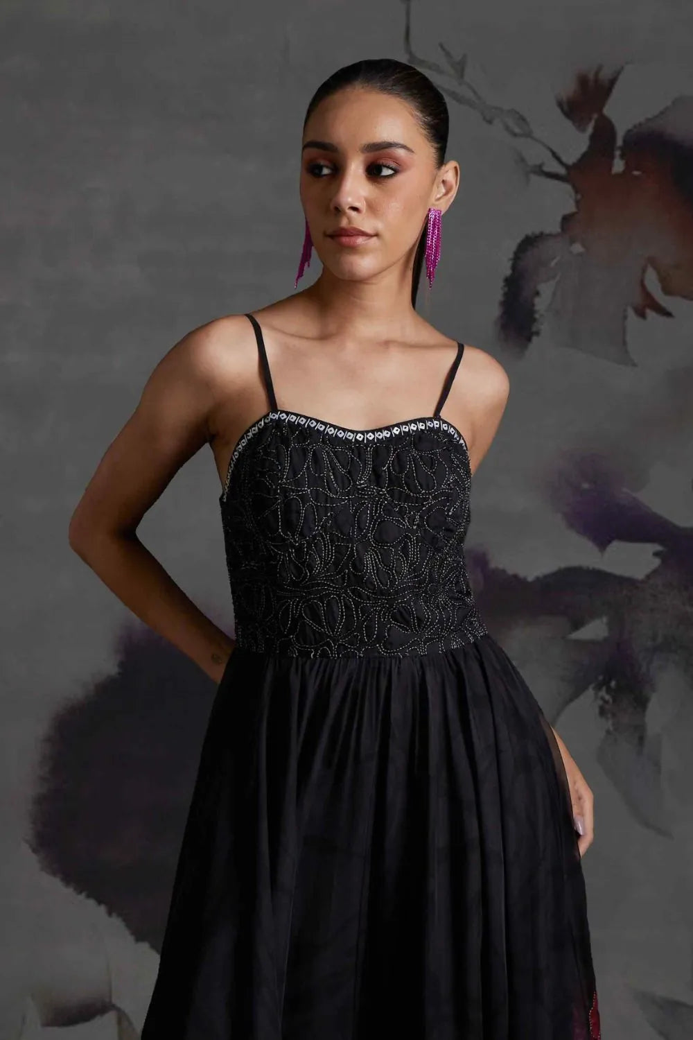 Marlena Corset Dress women's black organza maxi dress featuring a structured corset bodice, floral print and delicate sequin embellishments, combining a fitted upper silhouette with an elegant floor-length design, styled for cocktail parties, formal celebrations, evening events and special occasions.