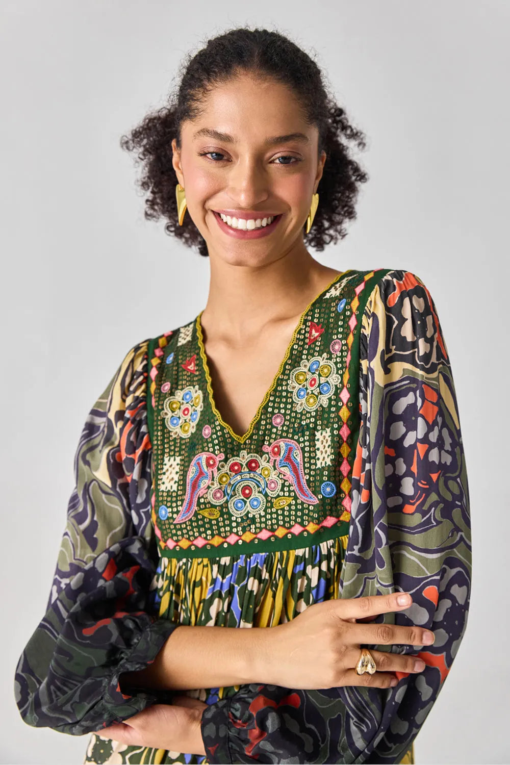 Closeup look of Mau Dress women's ombre viscose crepe dress featuring gradient hues and intricate thread and sequin detailing along the yoke, creating an elegant silhouette with subtle sparkle, styled for summer celebrations, resort evenings, dinner parties and day-to-evening occasions.