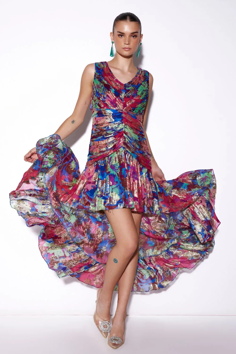 Mayukhi Dress women's statement dress featuring a feminine silhouette and elegant design details, styled for summer celebrations, resort outings, festive gatherings and special occasions.