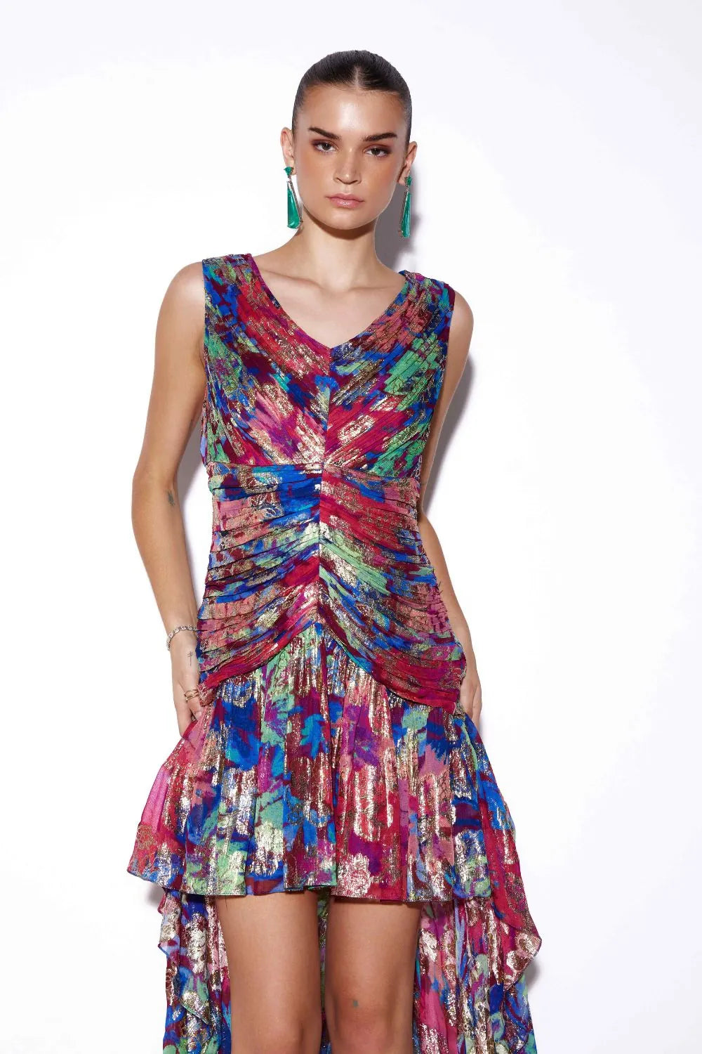 Closeup look of Mayukhi Dress women's statement dress featuring a feminine silhouette and elegant design details, styled for summer celebrations, resort outings, festive gatherings and special occasions.