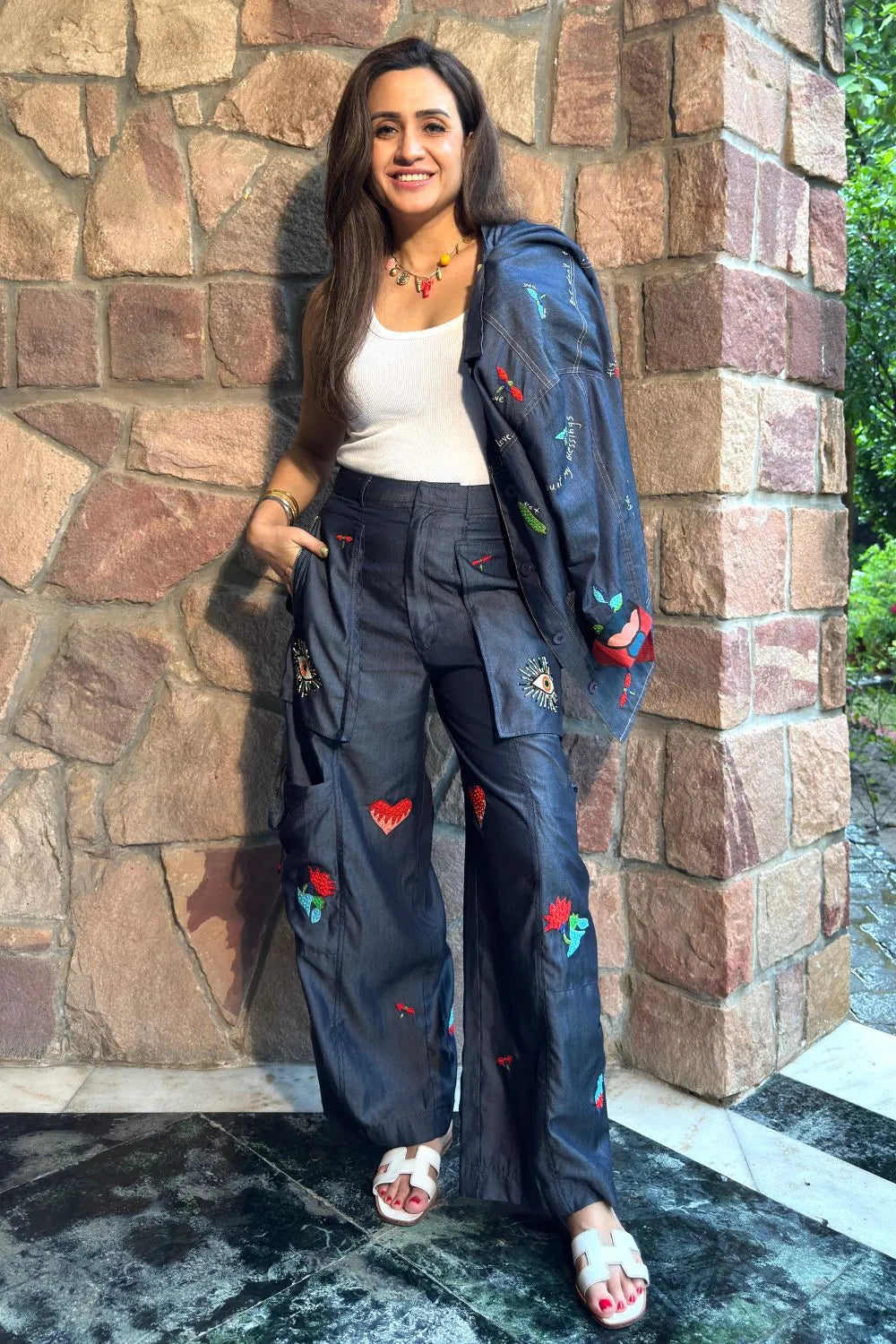 Mitali Wadhwa wearing the Soha Shirt & Pants Set, a women's coordinated outfit featuring a statement shirt and matching pants with a relaxed, contemporary silhouette, styled for summer outings, resort vacations, brunches and elevated casual occasions.