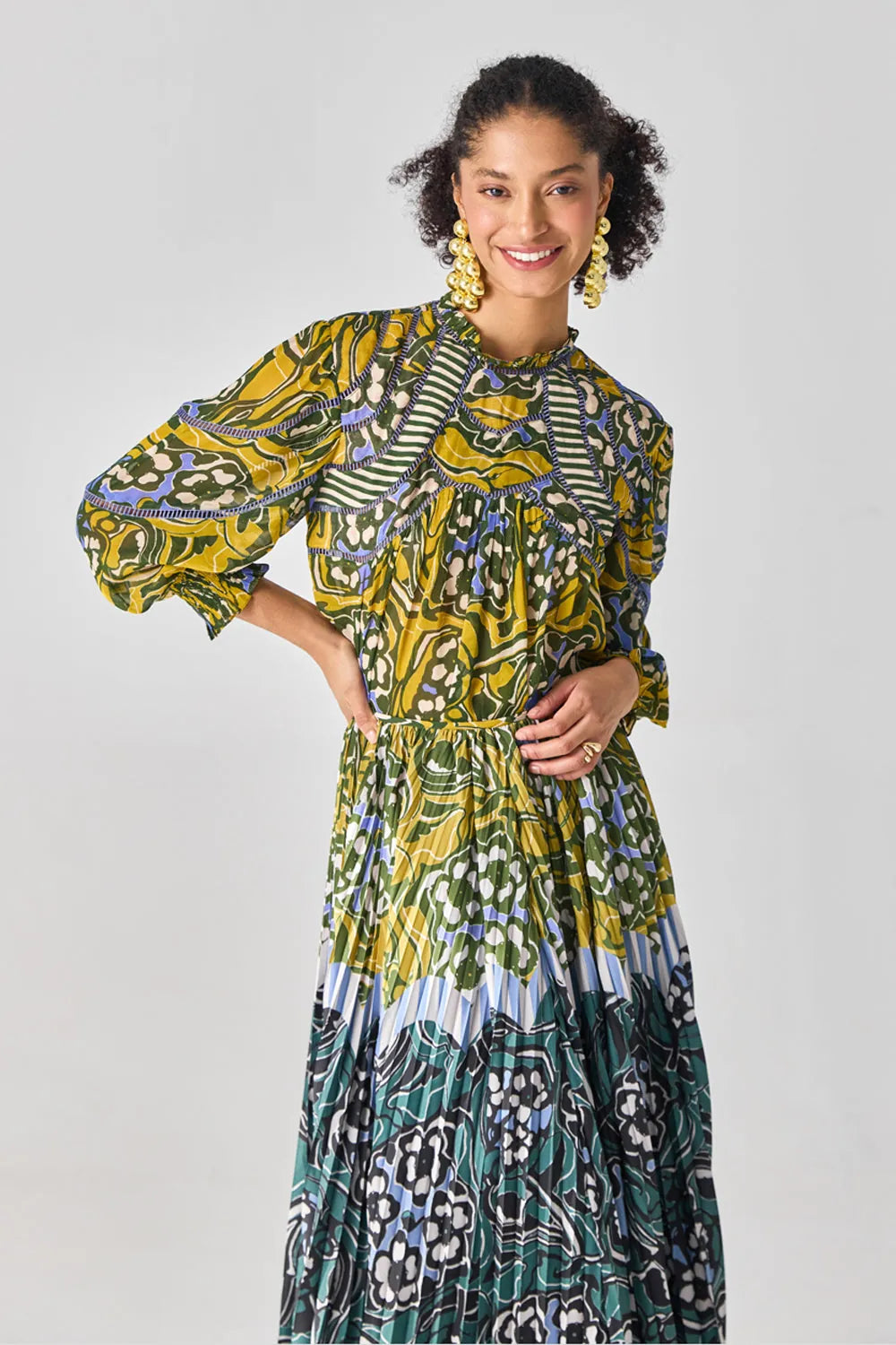 Closeup look of Nola Blouse & Skirt women's co-ord set featuring a coordinated blouse and matching skirt with a contemporary silhouette, styled for summer holidays, resort brunches, daytime celebrations and vacation outings.