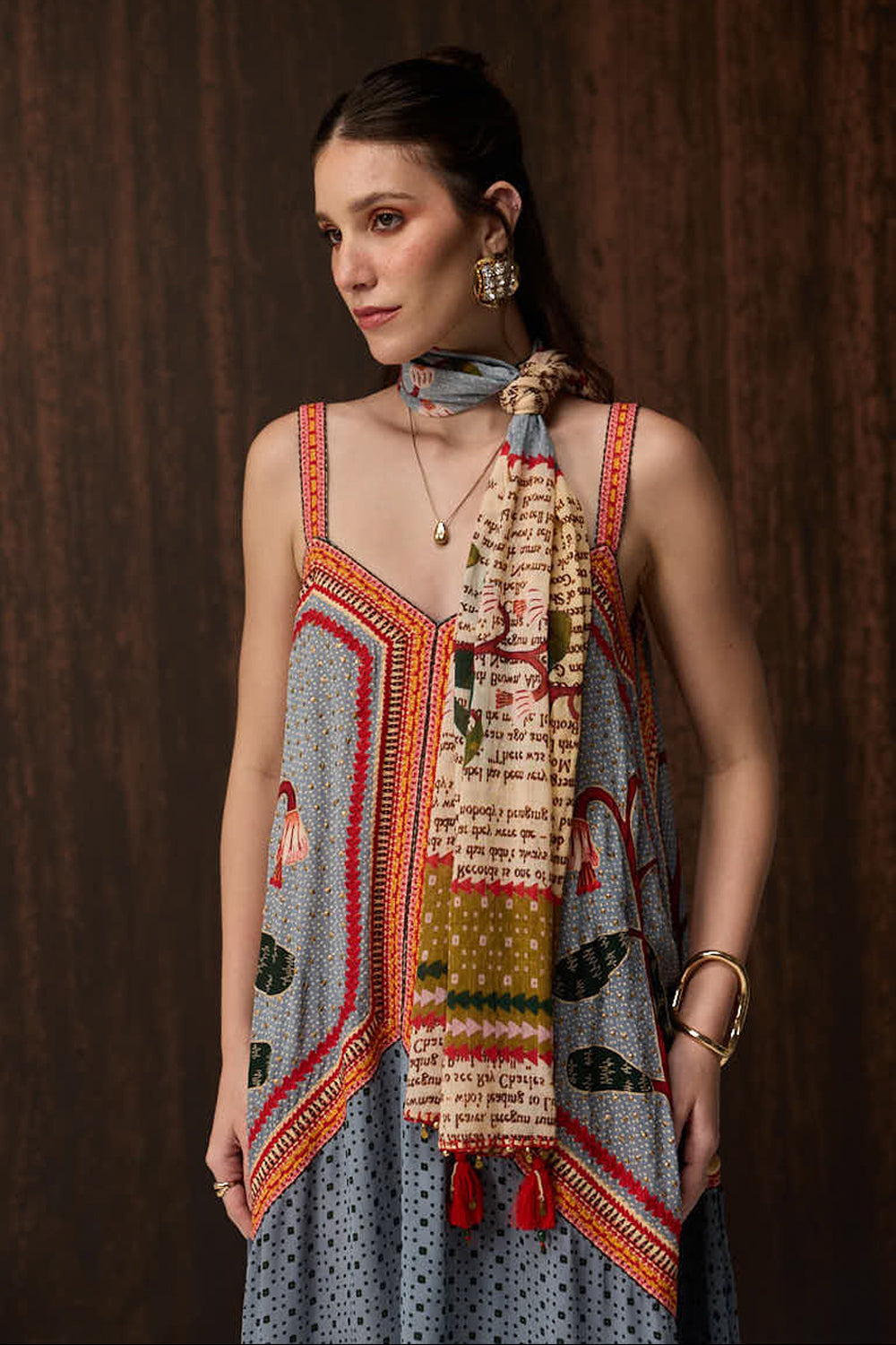 Nearer View of OMG Pale Blue Embroidered Swing Maxi Dress women's pale blue cotton poplin maxi dress featuring intricate floral embroidery, a relaxed swing silhouette and a flowing full-length design, styled for summer brunches, garden parties, resort holidays and elegant daytime occasions.