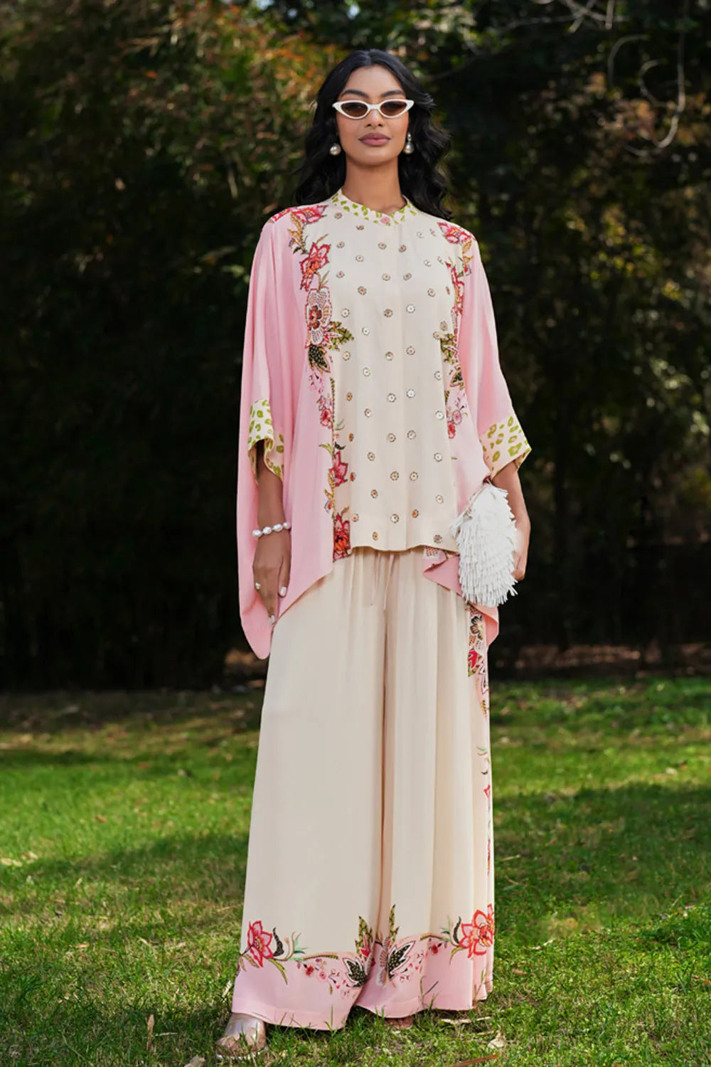 Percy Embroidered Cape With Pants Set women's coordinated outfit featuring an embroidered cape paired with matching pants, combining decorative detailing with a flowing silhouette, styled for resort vacations, festive gatherings, summer celebrations and elegant evening occasions.