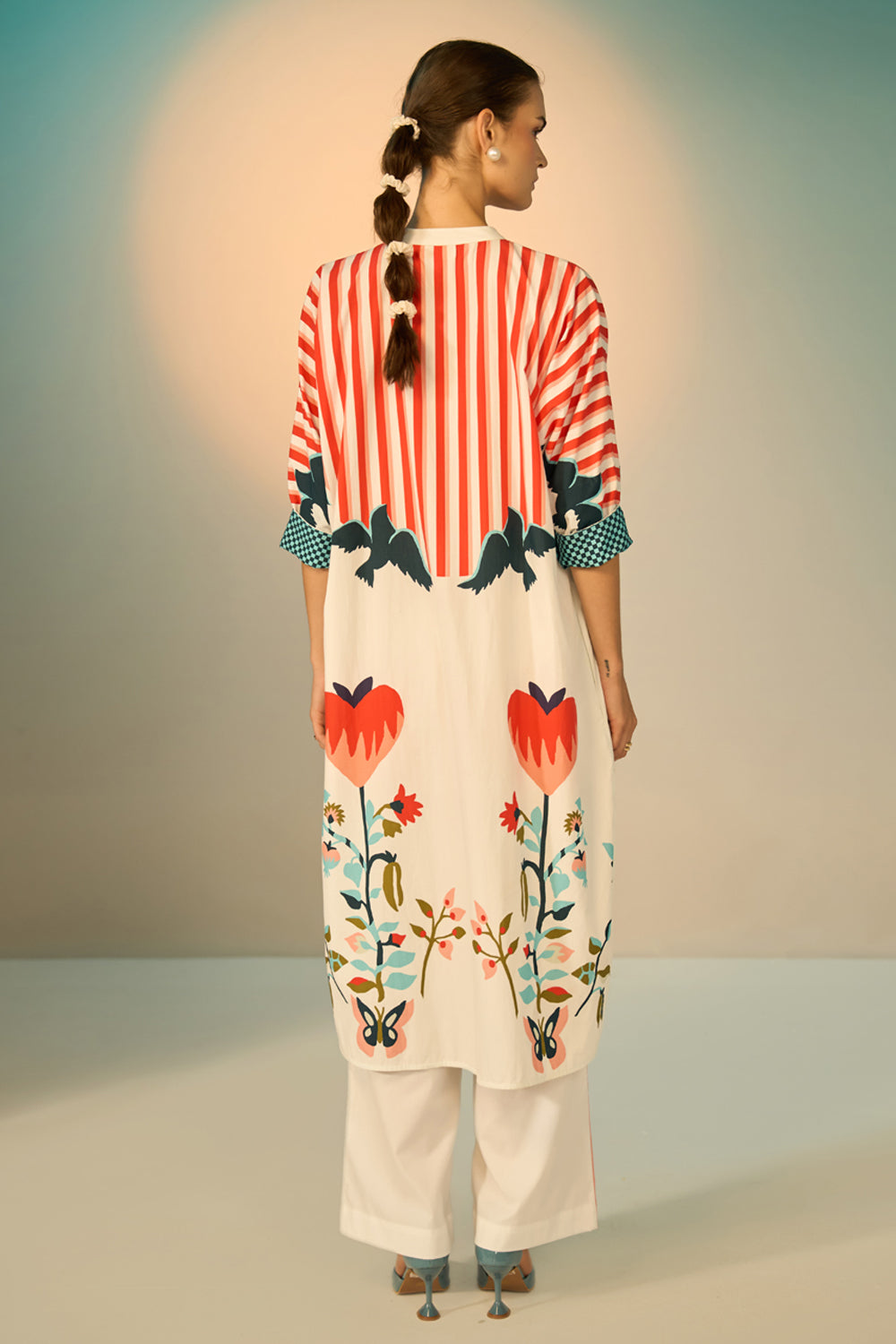 Peta Dress With Pants women's multicolour cotton poplin co-ord set featuring a bold graphic print dress paired with contrasting off-white stretch cotton trousers, combining playful patterns with a relaxed, easy-layering silhouette, styled for beach holidays, festivals, travel days and casual day-to-evening dressing.