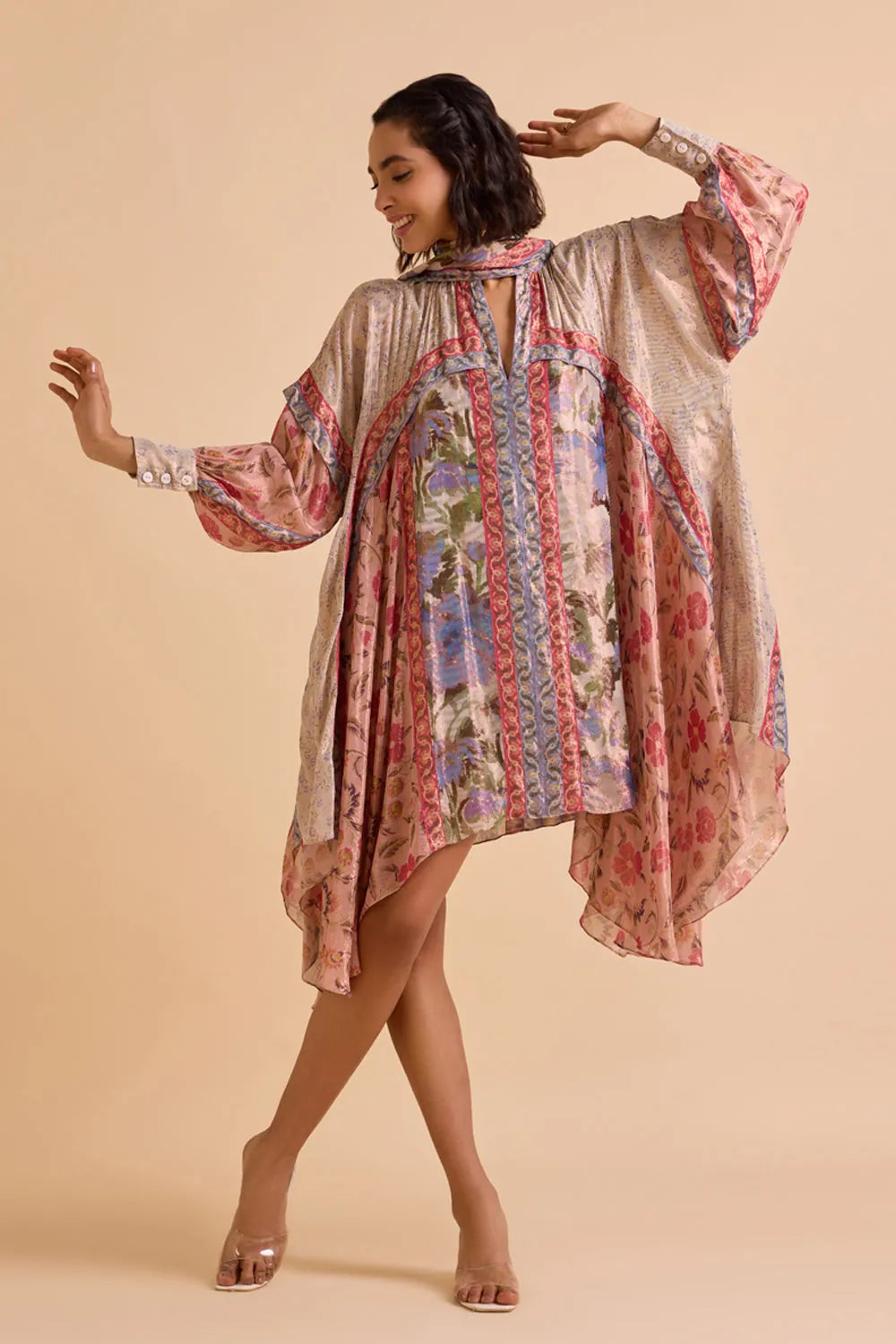 Rilla Dress women's multicolour viscose Lurex Georgette swing dress featuring a jacquard colour-blocked print, chic scarf neckline and asymmetric high-low hem, designed with a relaxed non-waisted silhouette for resort vacations, summer brunches, holiday outings and statement daytime occasions.