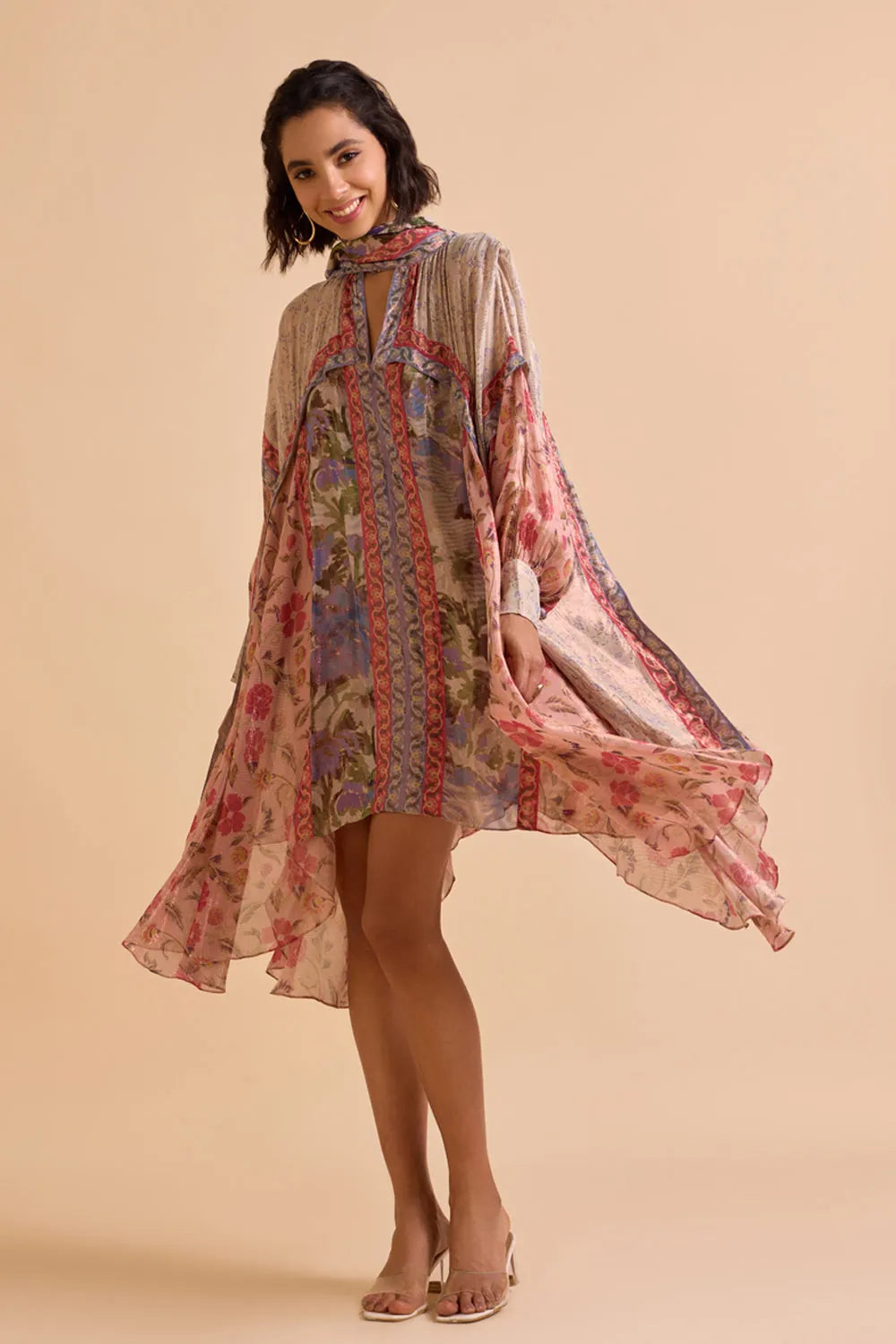 Rilla Dress women's multicolour viscose Lurex Georgette swing dress featuring a jacquard colour-blocked print, chic scarf neckline and asymmetric high-low hem, designed with a relaxed non-waisted silhouette for resort vacations, summer brunches, holiday outings and statement daytime occasions.