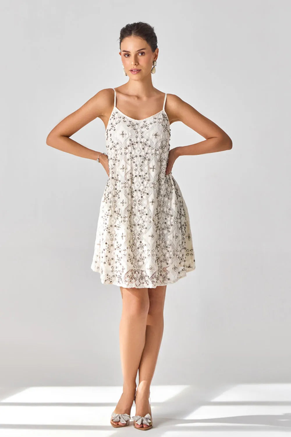 Rosa Anglasia Studded Dress women's statement dress featuring intricate studded embellishments and a feminine silhouette, designed to create an eye-catching look for festive celebrations, resort evenings, cocktail gatherings and special occasions.
