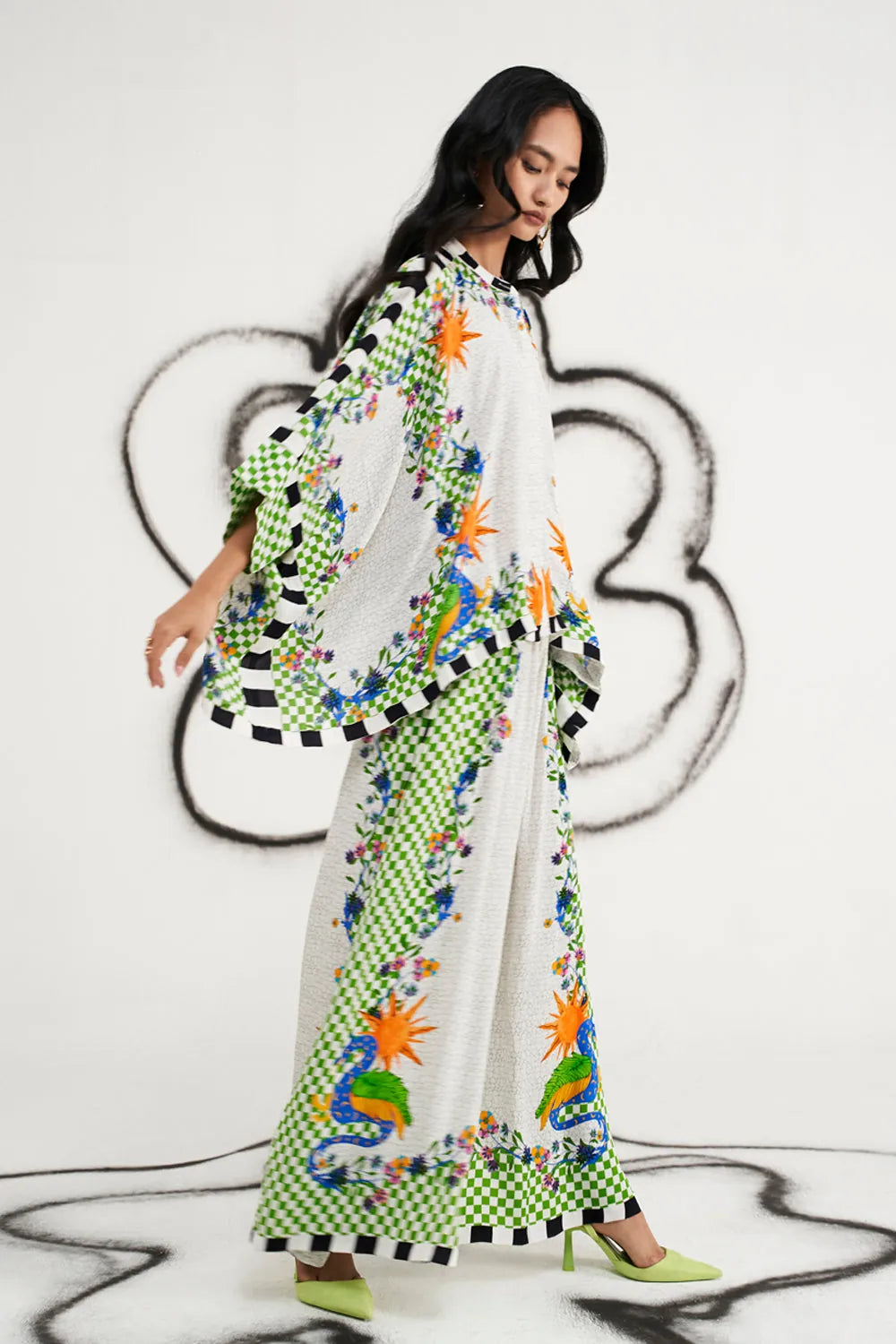 Shea Cape With Pants women's multicolour viscose georgette co-ord set featuring a flowing printed cape with dramatic sleeves and matching relaxed wide-leg pants, combining an artistic multicolour print with fluid movement, styled for festive celebrations, resort evenings, destination gatherings and special occasions.