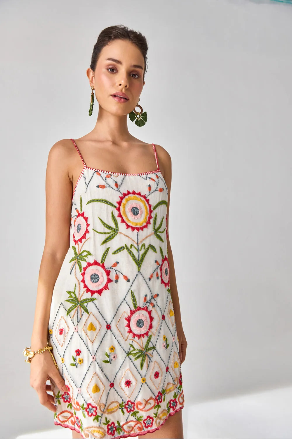 Closeup view of Siena Embroidered Dress women's statement dress featuring intricate embroidery, decorative detailing and a feminine silhouette, styled for summer celebrations, resort outings, festive gatherings and special occasions.