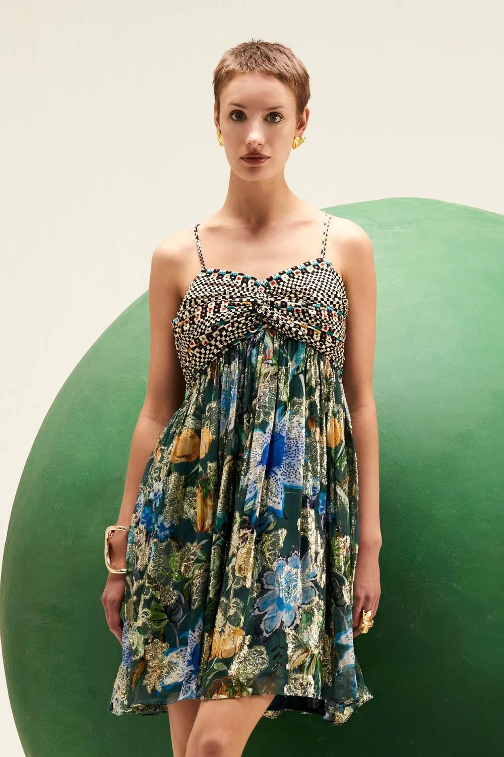 Sparkle Lily Mini Dress women's teal blue viscose Lurex Georgette mini dress featuring a shimmering finish, eye-catching statement detailing and a playful feminine silhouette, styled for cocktail parties, festive evenings, celebrations and special occasions.