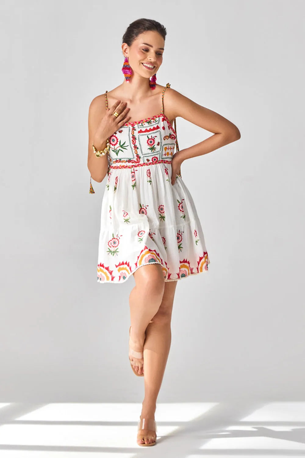 Tashi Embroidered Mini Dress women's mini dress featuring intricate embroidery, decorative embellishments and a flattering contemporary silhouette, styled for summer brunches, resort vacations, festive gatherings and special occasions.