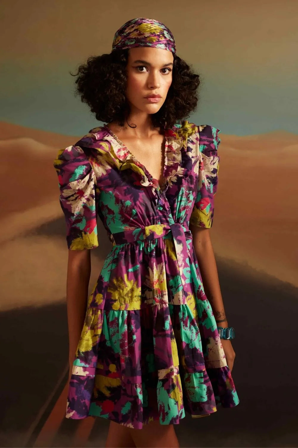 Ainara wrap dress with printed purple design perfect for brunches and workwear for woman