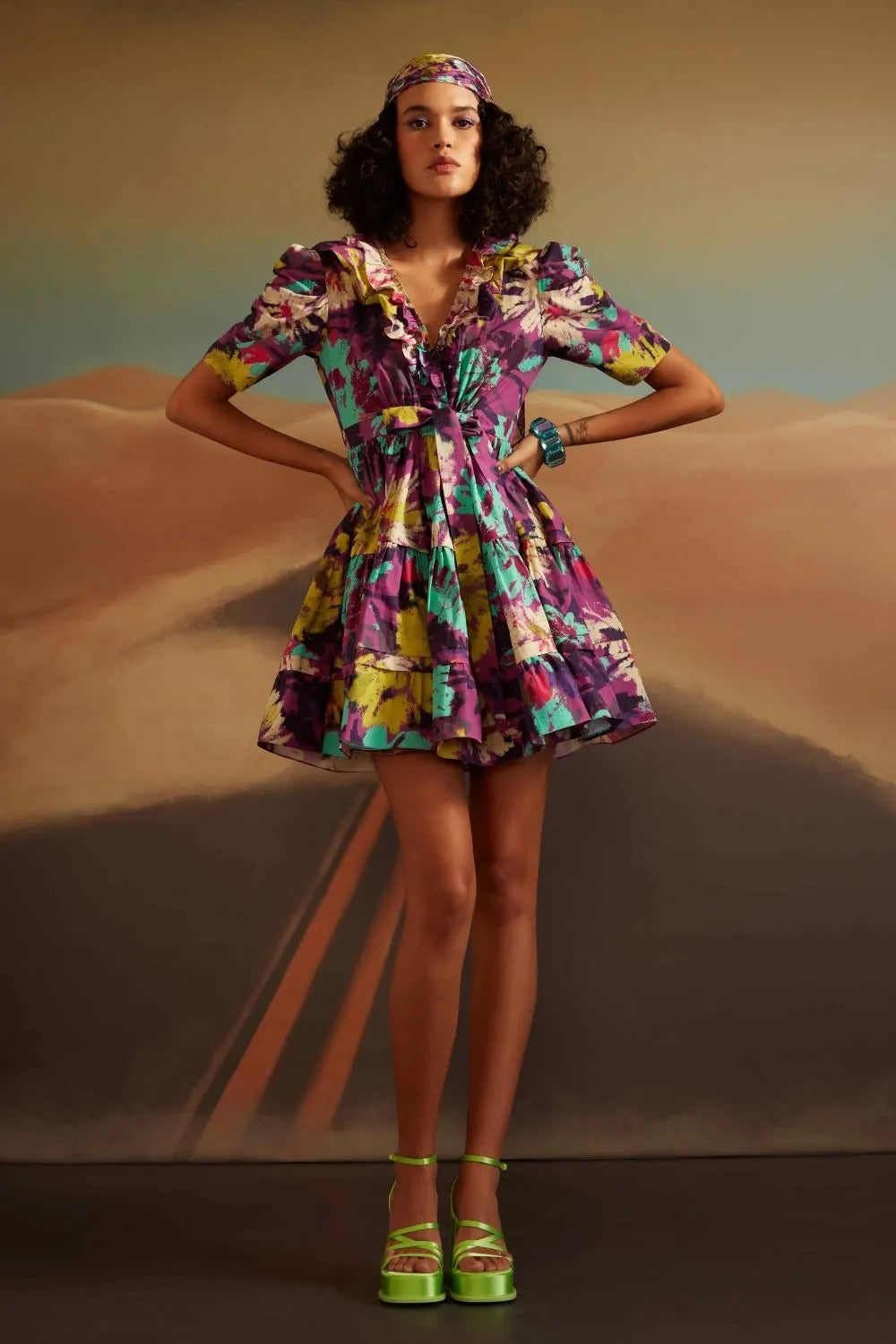 Ainara wrap dress with printed purple design perfect for brunches and workwear for woman