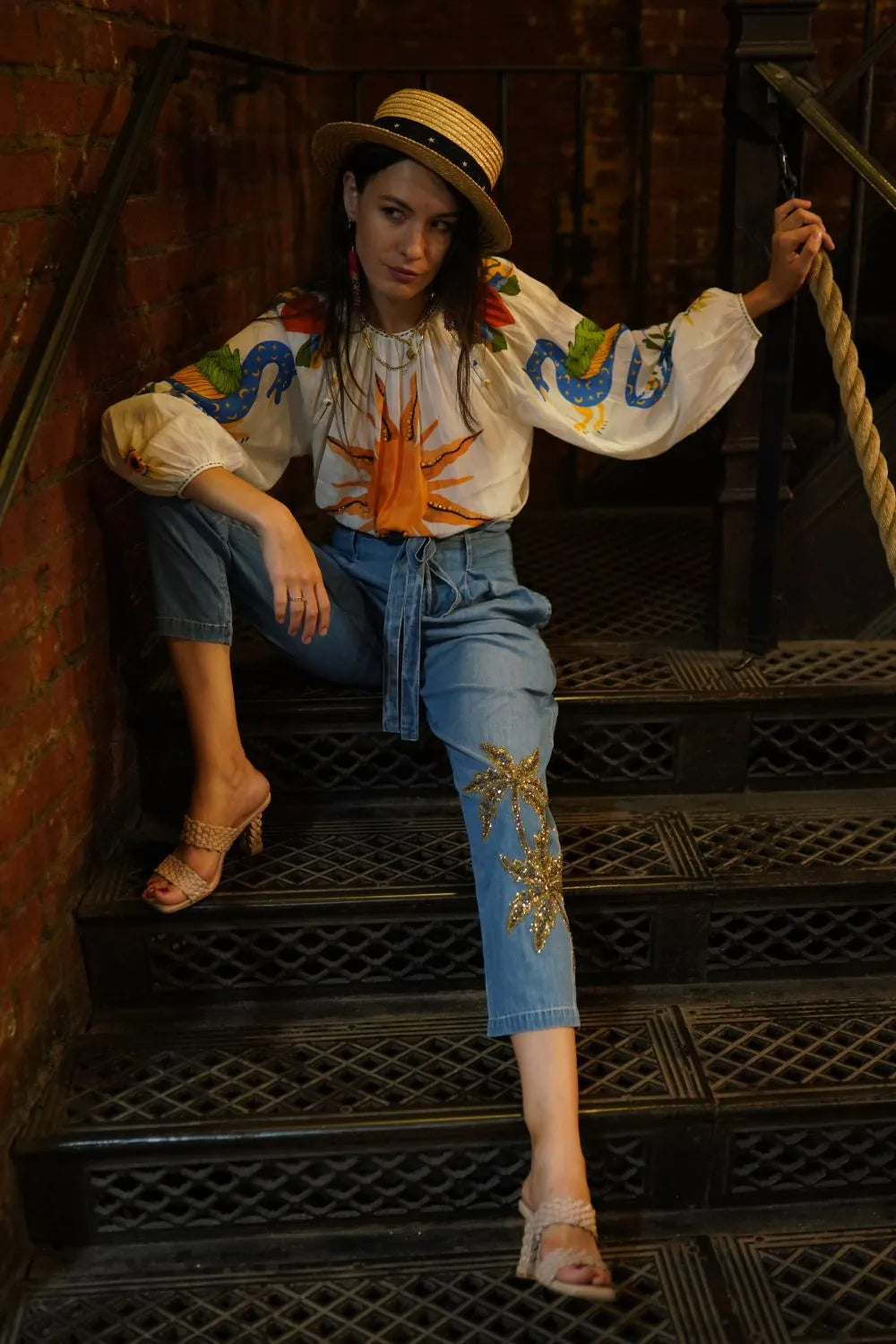 Aarvi Pant in Ivory sun printed stone detailing styled for women's resort wear and casual outings.
