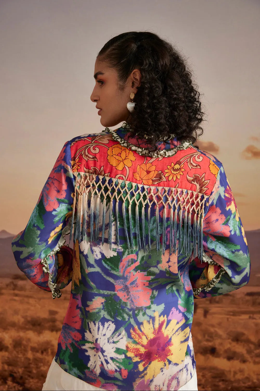 Back view of Arisha Blouse, multicolour Vicose Crepe cloth with contemporary silhouette, designed for versatile occasion dressing for woman.