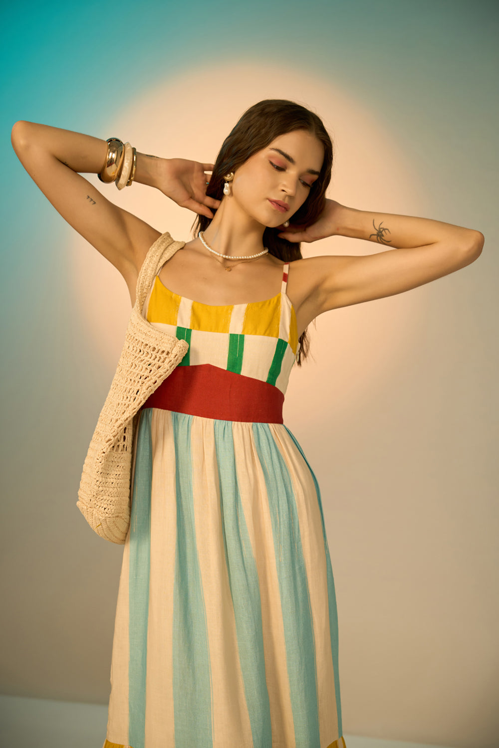 Aida spaghetti straps dress with bold yellow and cyan with red band cotton-linen perfect for brunch or holidays.
