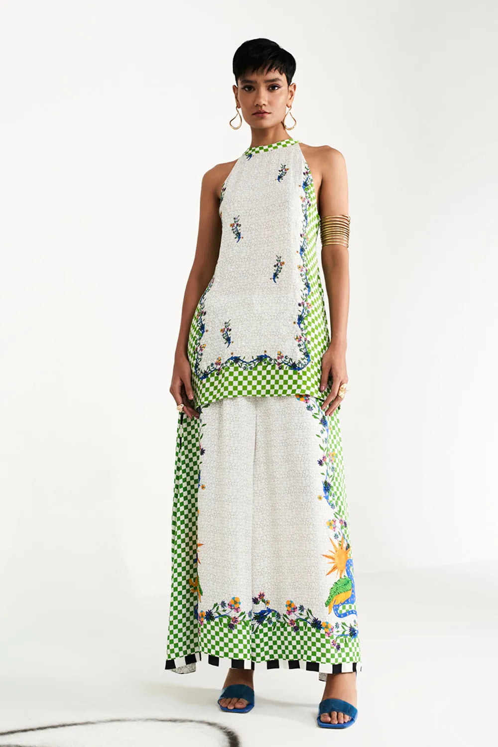 Anvesha multicolour printed co-ord set featuring a sleeveless long top with a relaxed straight silhouette, intricate floral and geometric prints, and matching wide-leg pants