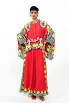 Detail view of Alina multicolour cape blouse with pants set
