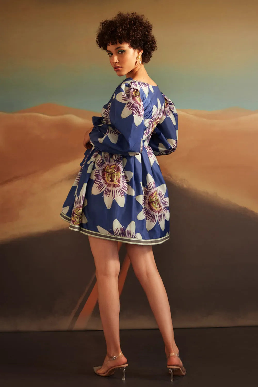 Back view of Amara Mini Dress a cobalt blue cotton satin  perfect choice for perfect for outings and effortless day-to-night style for woman.