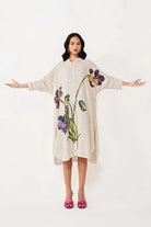 Amira Dress for woman, a beige floral dress with embroidered design, perfect for parties, date nights, and statement evening wear.