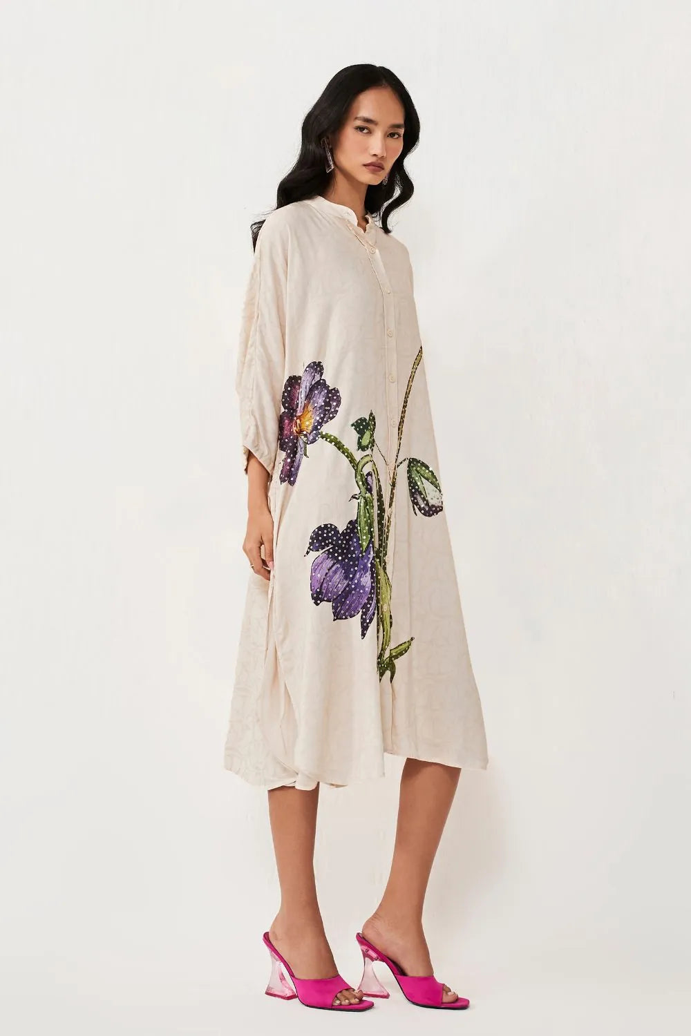 Amira Dress for woman, a beige floral dress with embroidered design, perfect for parties, date nights, and statement evening wear.