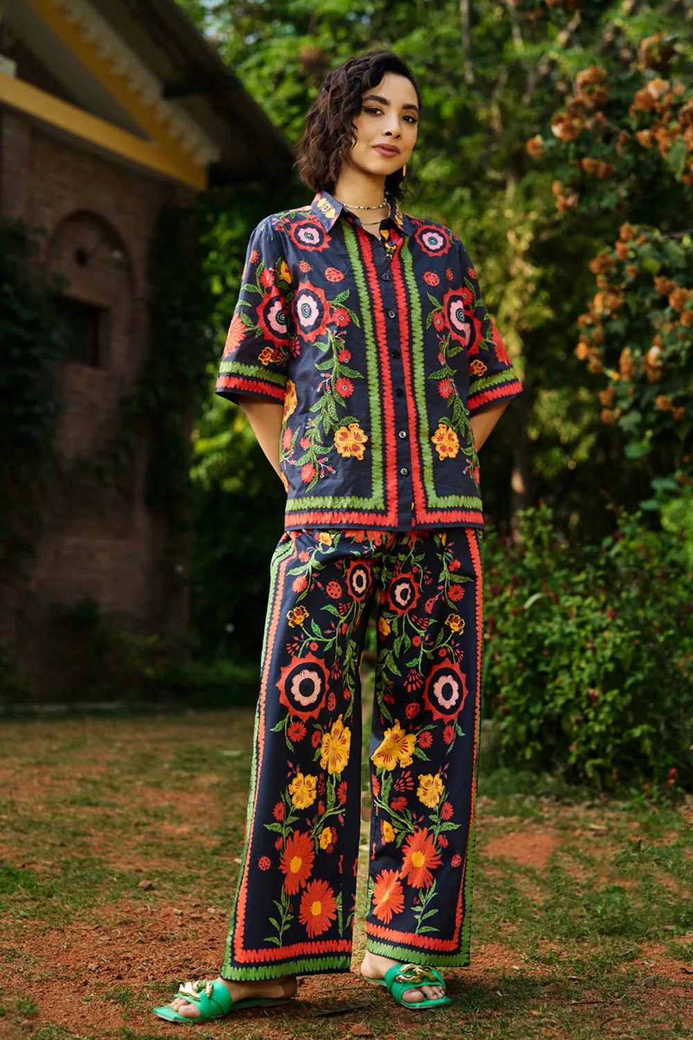Amira shirt with pants set, a black breathable cotton embroidery with silhouette, perfect for festive styling and elevated day-to-night looks for woman.