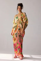 Amiya Kaftan Dress in pink ombre, with vibrant prints and silhouette made of bemberg satin perfect for vacations, resort wear, and relaxed elegance for woman.